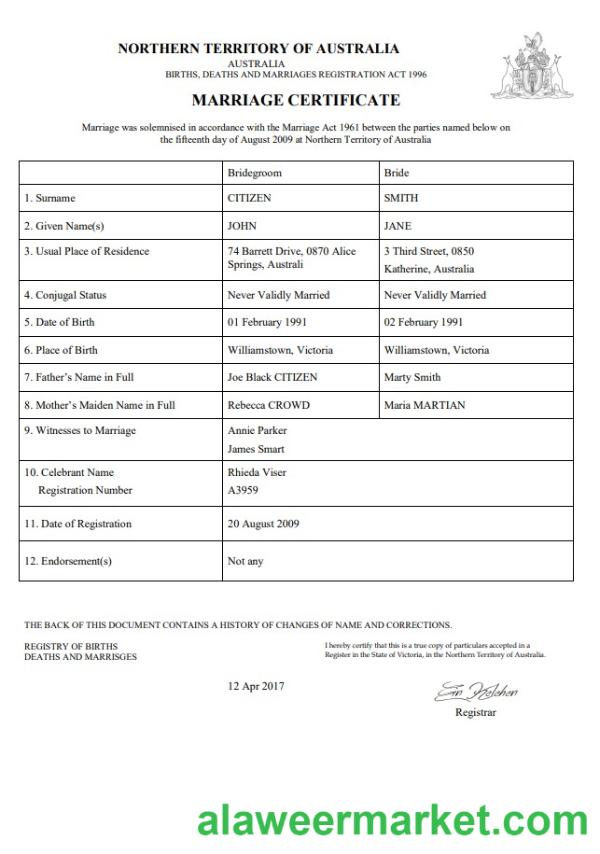 Australia Northern Territory of Australia marriage certificate template in Word